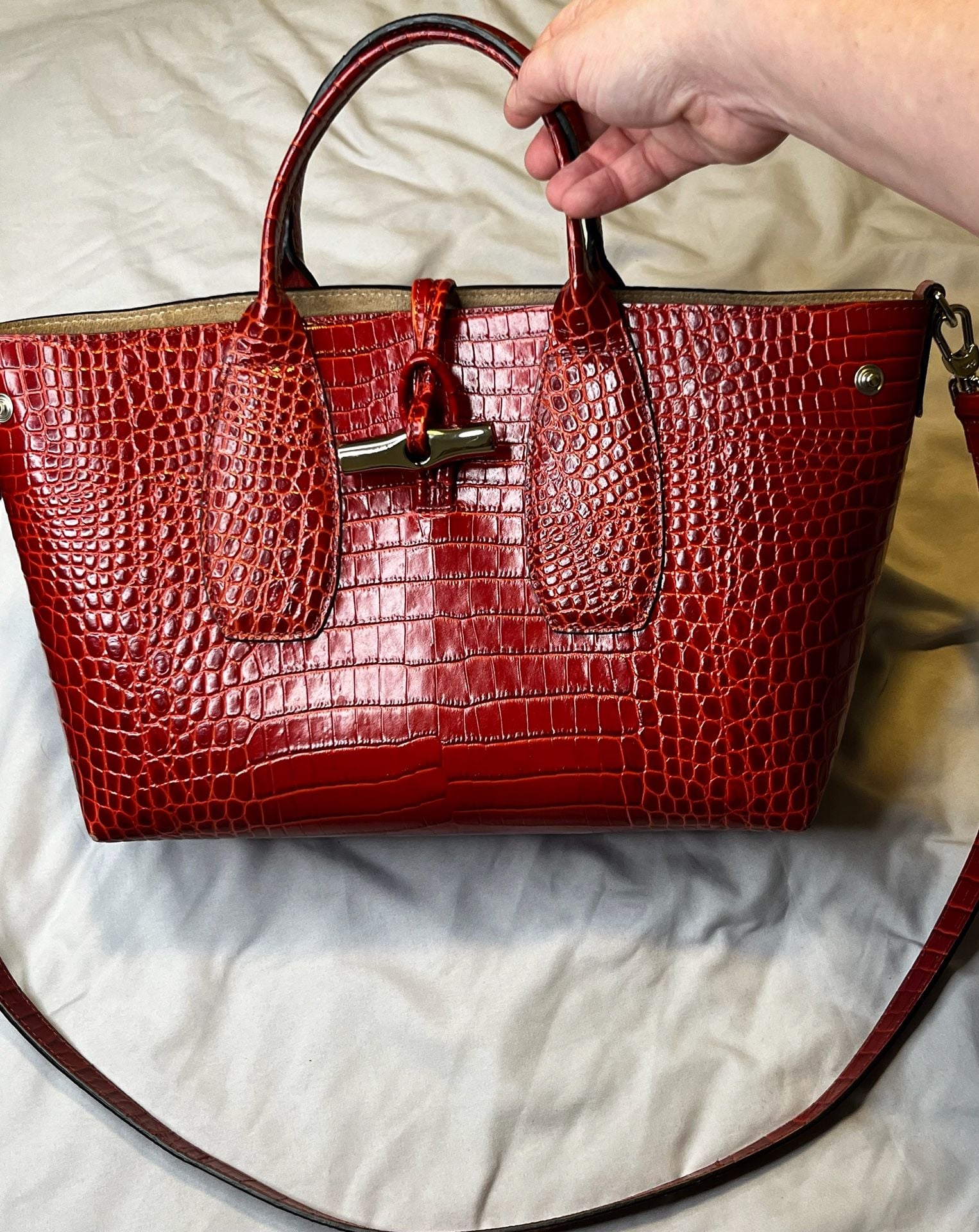 Longchamp Roseau Crocodile Embossed Leather Top Handle Bag In Red